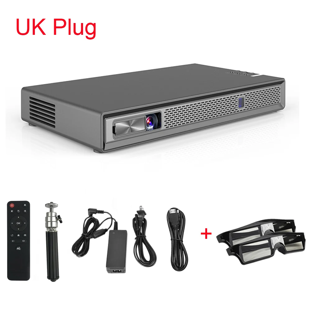 UK Add 2pcs 3D Glass T5 мини проектор 4K DLP Android проектор Full HD настоящий 3D с батареей, авто Keystone, WiFi светодиодный Smart Proyector Bluetooth - Цвет: UK Add 2pcs 3D Glass