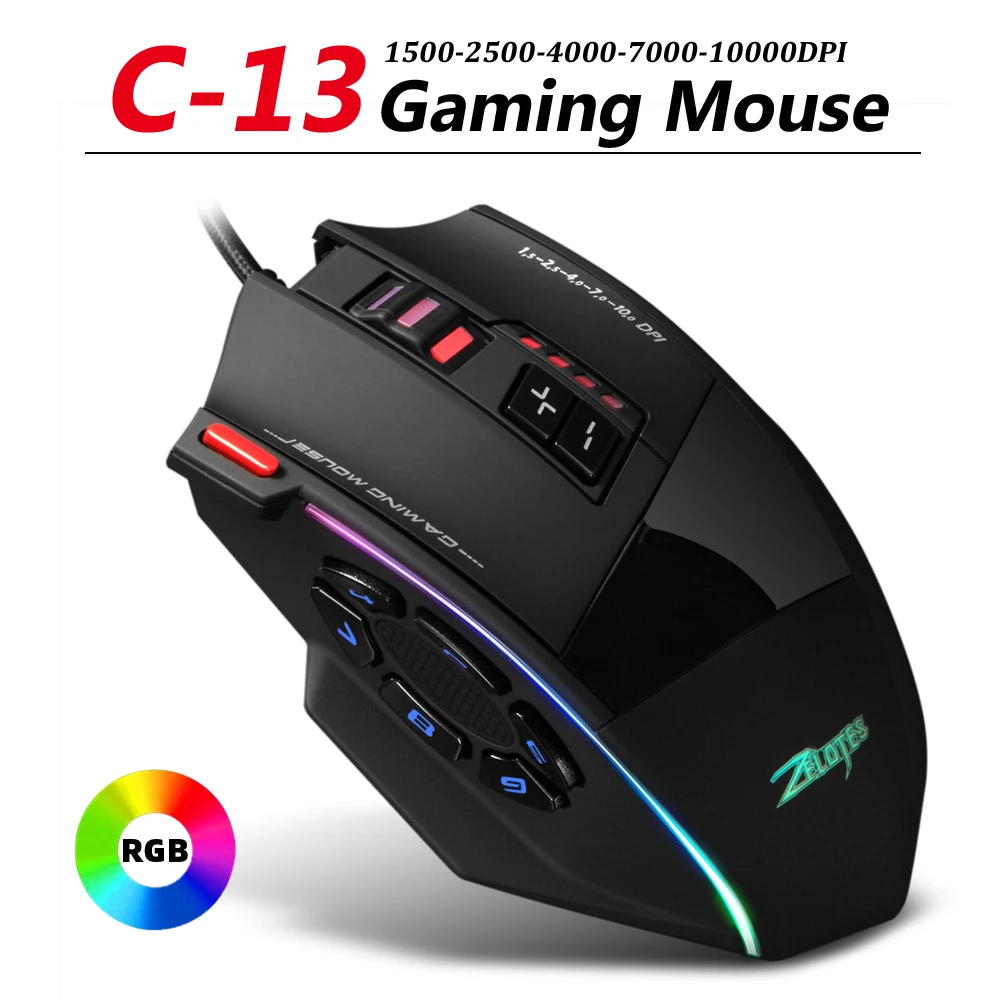 ZELOTES C 13 RGB игровая Мышь с боковыми кнопками макро программирования 10000 Точек на
