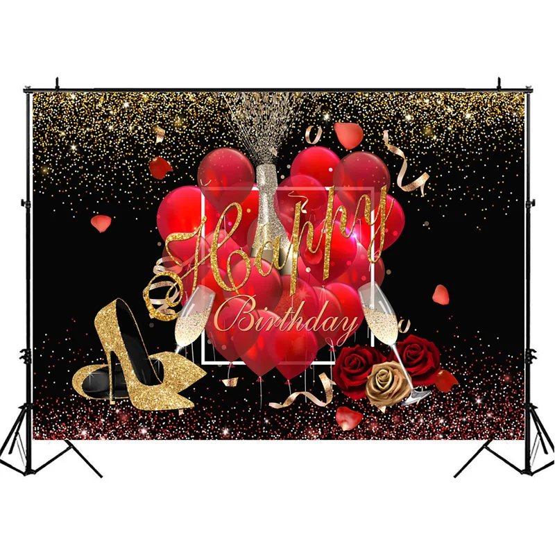 Красный воздушный шар роза цветок с днем рождения фон Золотой блеск высокий