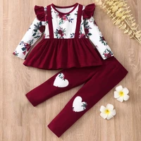 spring fall girls clothes kids clothes girls 2pcs sets flower print flying sleeve tops love trousers casual girls outfits 1 6y