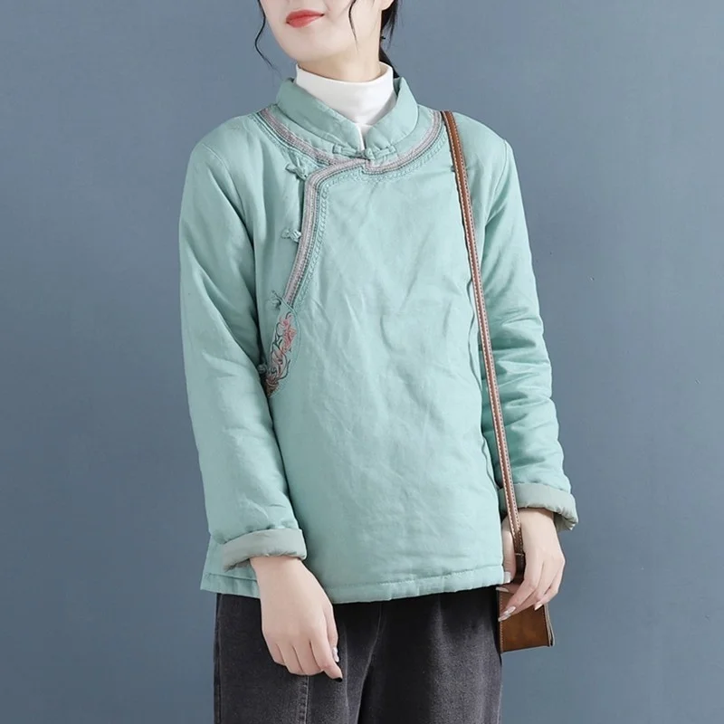 

Chinese Style Women Cotton Linen Coats New Arrival 2021 Autumn Winter Vintage Embroidery Thick Warm Female Casual Jackets H029