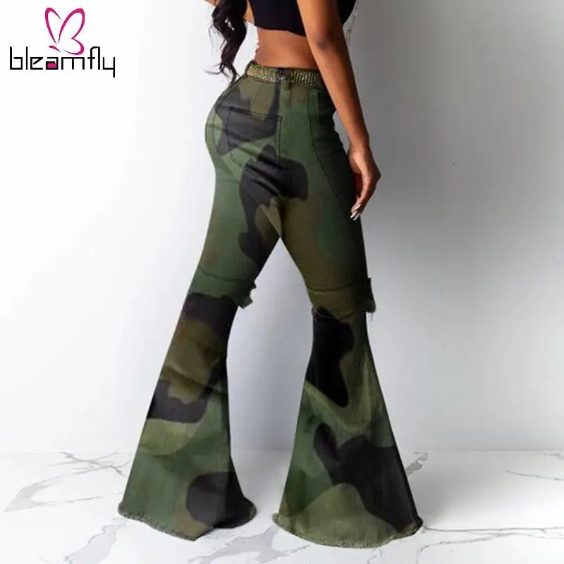Повседневные расклешенные камуфляжные штаны для женщин с принтом рваные модные