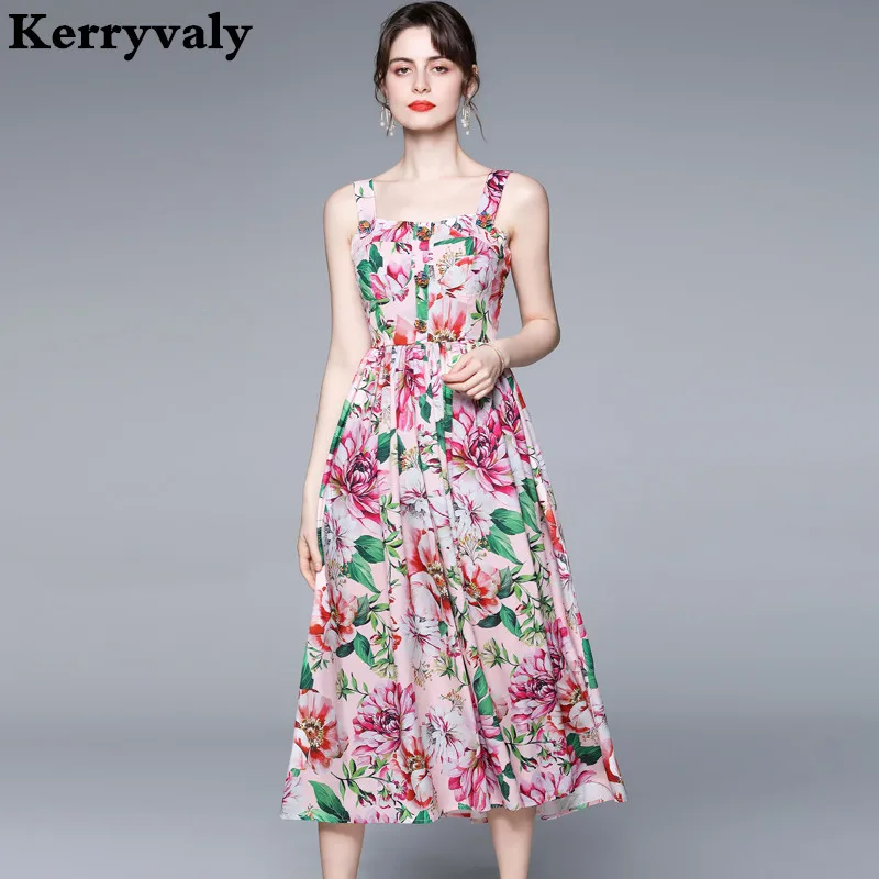 

Bohemian Floral Print Spaghetti Stap Summer Beach Dress Women Sleeveless Runway Bead Off Shoulder Sexy Long Party Dresses K6111