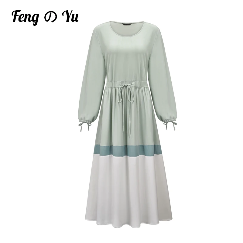 

Autumn Retro Women's Solid Color Casual Dress Women's Round Neck Long-Sleeved Drawstring Waist Autumn Bohemian Stitching Dress