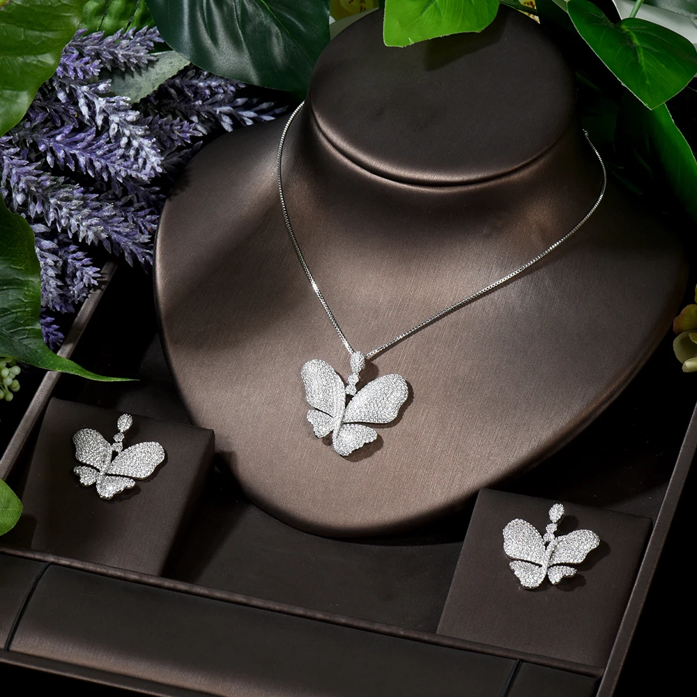 

HIBRIDE Trendy Micro CZ Pave Butterfly Shape Women Bridal Jewelry Sets Earring Necklace Sets Bridal Dress Accessories N-1687