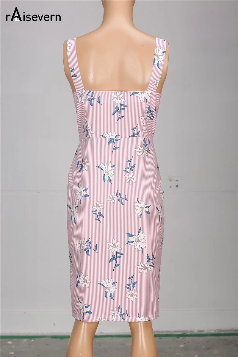 Raisevern Striped Printed Sling Long Split Dress Botton Fishtail 2019 Sweet High Waist Women Tight Sleeveless | Женская одежда
