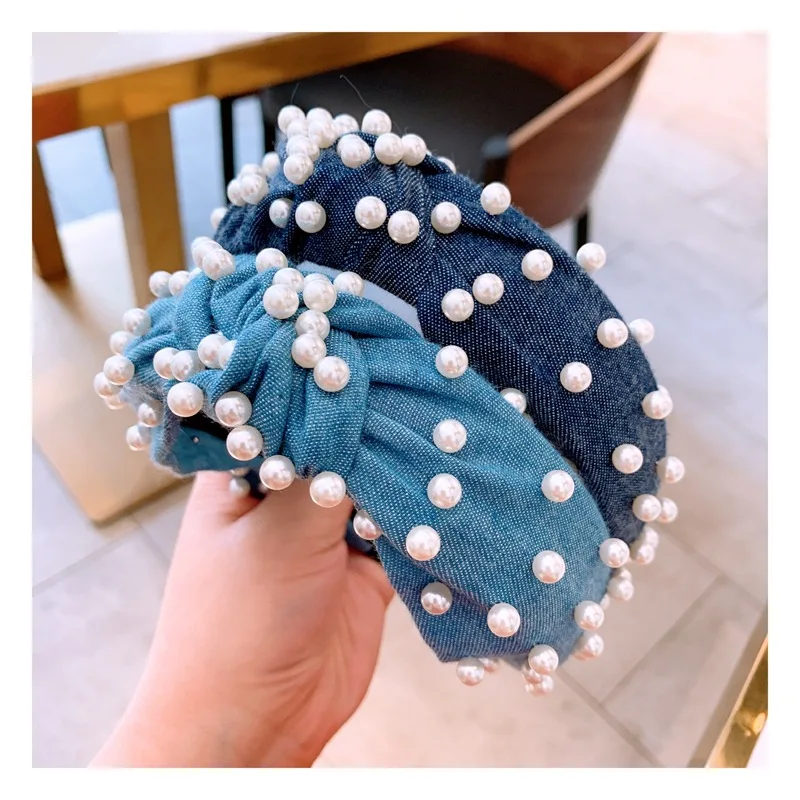 ВИНТАЖНАЯ ДЖИНСОВАЯ повязка на голову с жемчугом широкие обручи перехлёстом