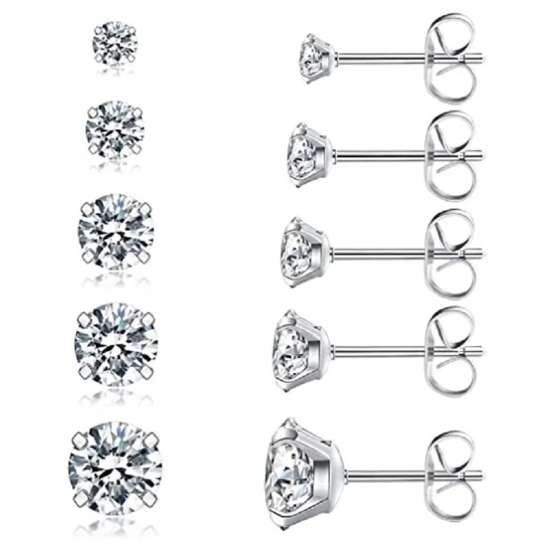 

5 Pairs Four claws Stud Earrings Set, Hypoallergenic Cubic Zirconia Earrings Stainless Steel CZ Earrings 3-8mm