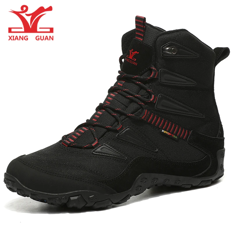 black red XIANG GUAN/высокие треккинговые ботинки; зимние уличные мужские и женские бархатные теплые спортивные ботинки; нескользящие кроссовки для кемпинга, альпинизма, катания на лыжах - Цвет: black red