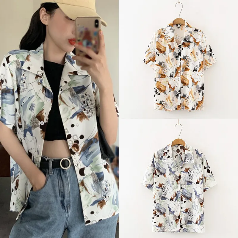 

New Retro Beach Style Short Sleeve Print Women Blouses College Style Tops Turn-down Collar Button Women Blouses Casual Top