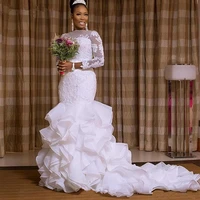 h277 organza ruffles tiered mermaid wedding dress dubai africa long sleeves lace bridal gowns custom made robe de mariee 2021