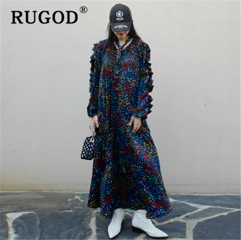 Женское платье с принтом RUGOD свободное макси длинным рукавом и шарфом новинка 2020 |