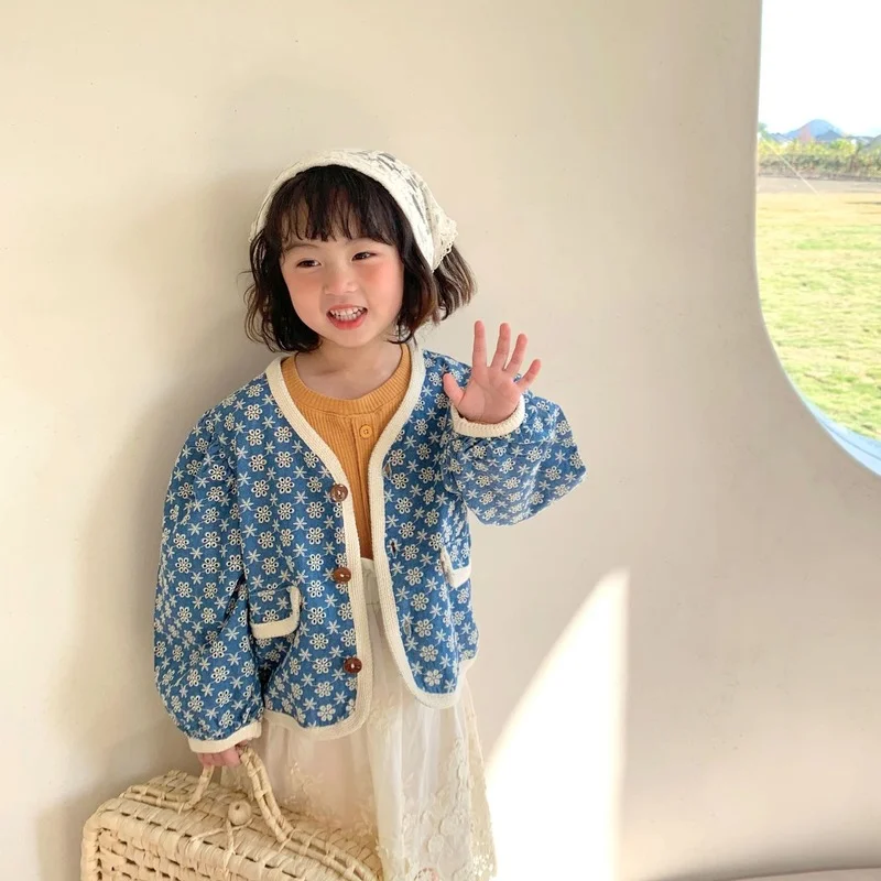 

Kids Clothing 2021 Spring New Girls Coat Koeran Embroidered Puff Sleeve Denim Jacket