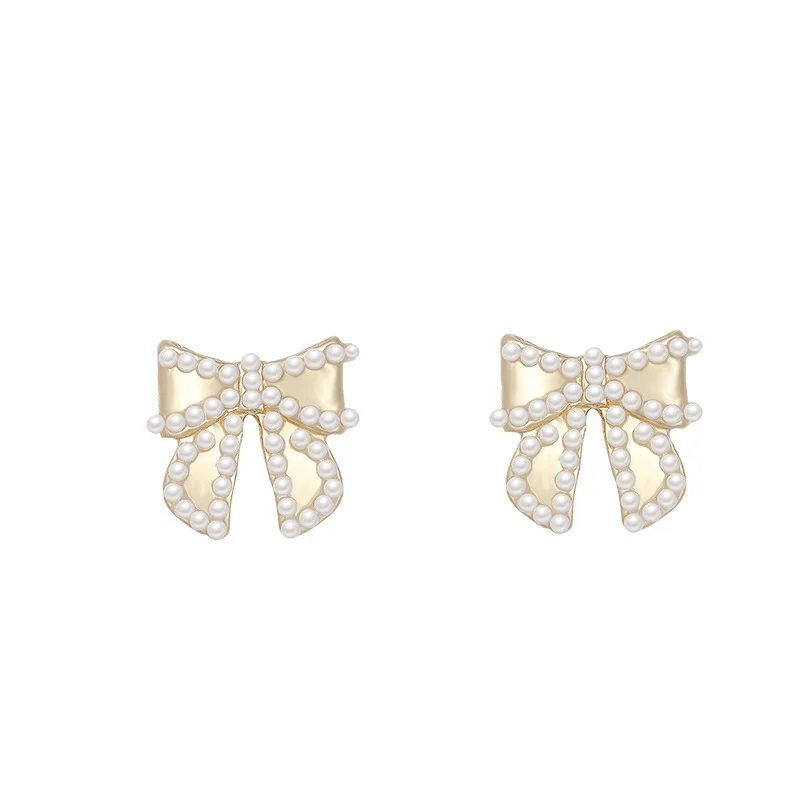 

TIMEONLY Korean Elegant Simulated Pearl Bowknot Earrings for Women Matte Gold Metallic Tie Bow Stud Earrings Wedding Jewelry
