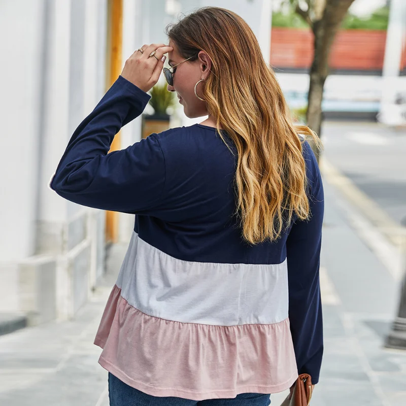 HOUZHOU Plus Size Women Clothing Patchwork Long Sleeve T-shirt Casual Loose Ruffle Stripe Tops Spring Autumn Outfits Blouse