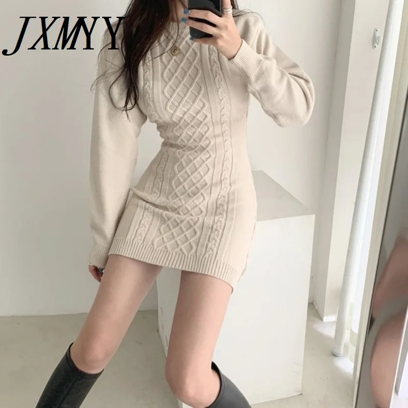 

Autumn Sexy Slim Open Waist Pullover O Neck Twist Knitted Dress Women Mini Wild Long Sleeve Sweaters Vestido De Mujer Casual