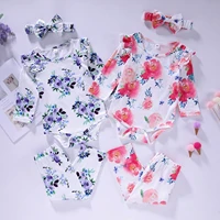 autumn newborn baby girl clothes 3 pieces cotton flower print long sleeve bodysuittrousersbow headband home baby pajamas 0 12m
