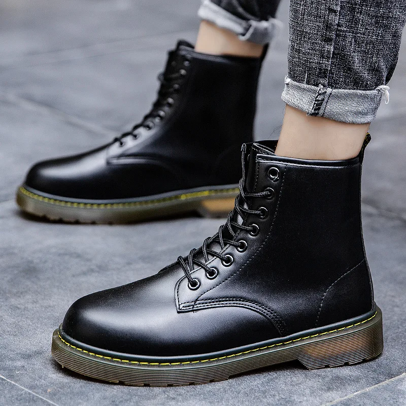 

Men martin boots autumn winter warm ankle boots fashion lace-up man causal boots sewing leather boots black male footwear