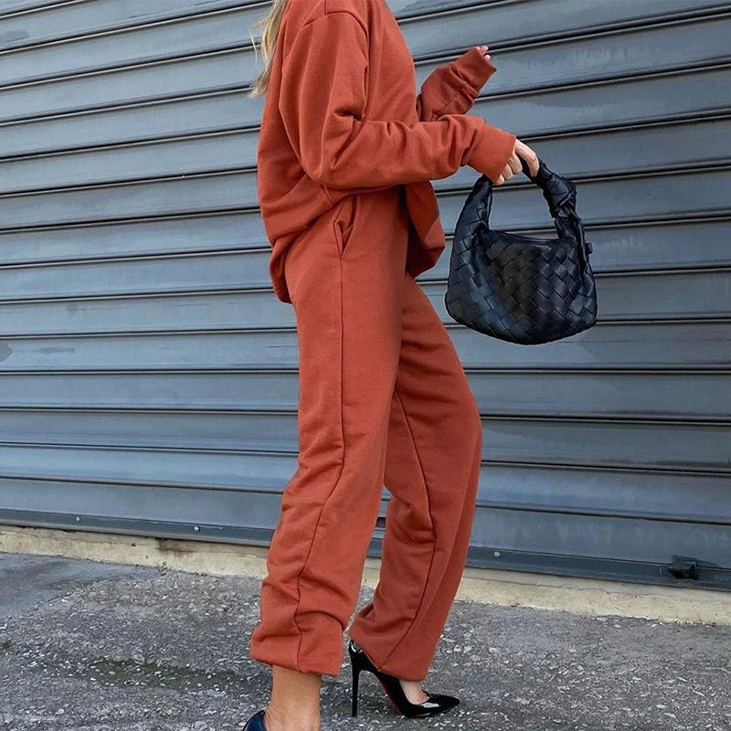 Sister Fara Spring Autumn Women's 2 Piece Jumpers O-neck Knit Hoodie Sweater+High Waist Loose Wide Leg Pants Ladies Casual Suit |