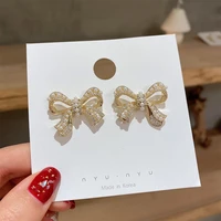 korea new design fashion jewelry exquisite copper inlaid zircon bow pearl earrings elegant womens daily small earrings