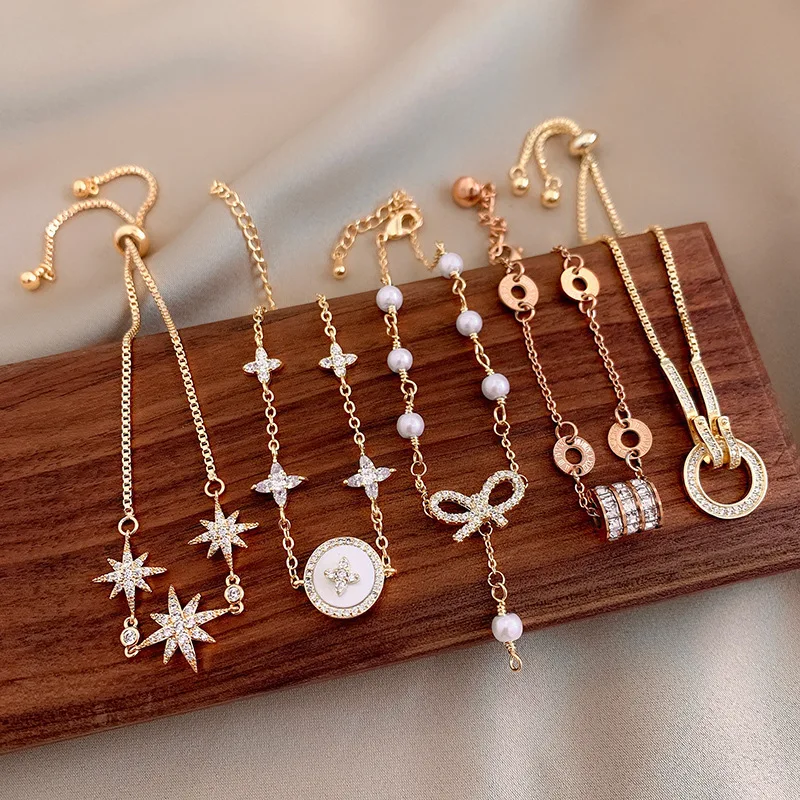 

2020 New Korean Multiple Shiny Crystal Charm Bracelets for Women Girl Gold Color Metal Star Heart Bowknot Pendient Bracelets