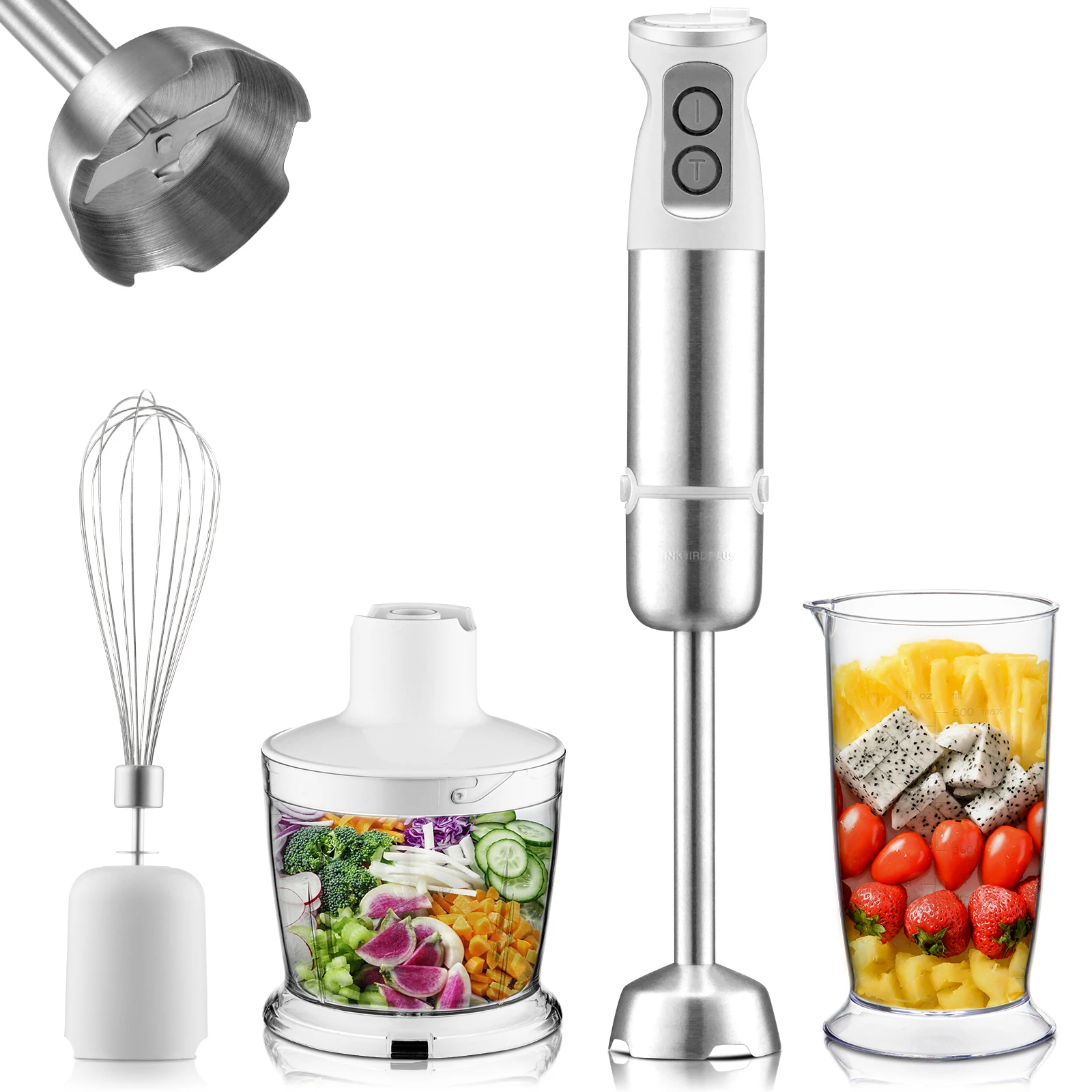 INKBIRD Hand Mixer Electric 500W Kitchen Portable Blender 4-in-1 Food Meat Processor with Chopper Beaker Grinder Whisk 110-220V