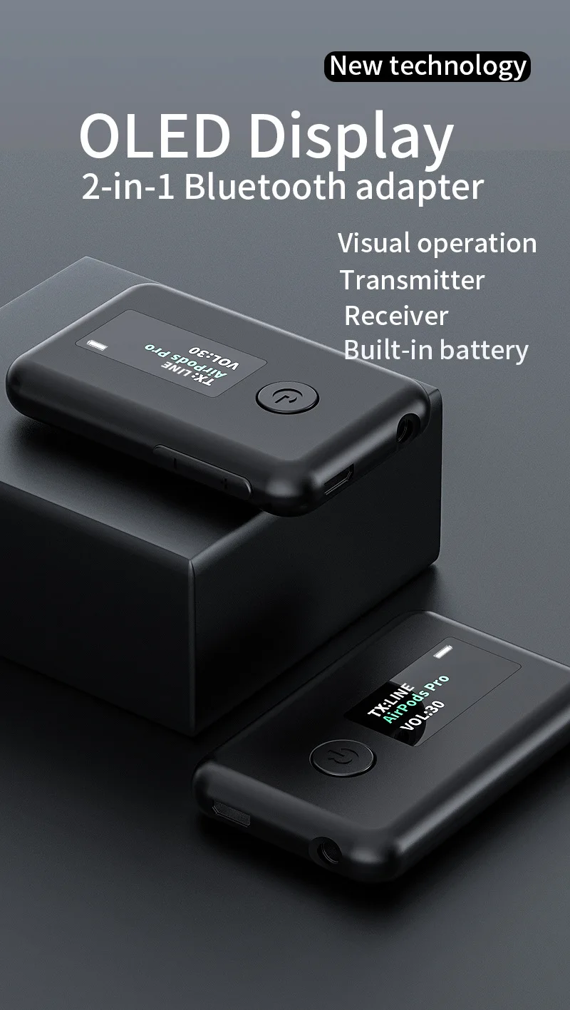 

2-в-1 Bluetooth 5,0 передатчик приемник интеллигентая (ый) Шум-снижение OLED Экран bluetooth-адаптер для ТВ/автомобиля/дома