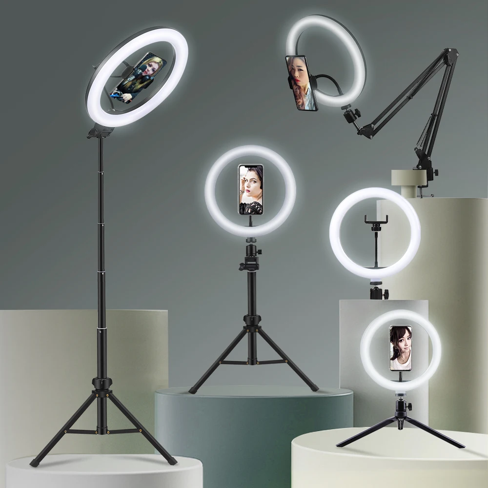 

Кольцевой светодиодный светильник для селфи, лампа с держателем для мобильного телефона, со штативом, для прямой трансляции видео