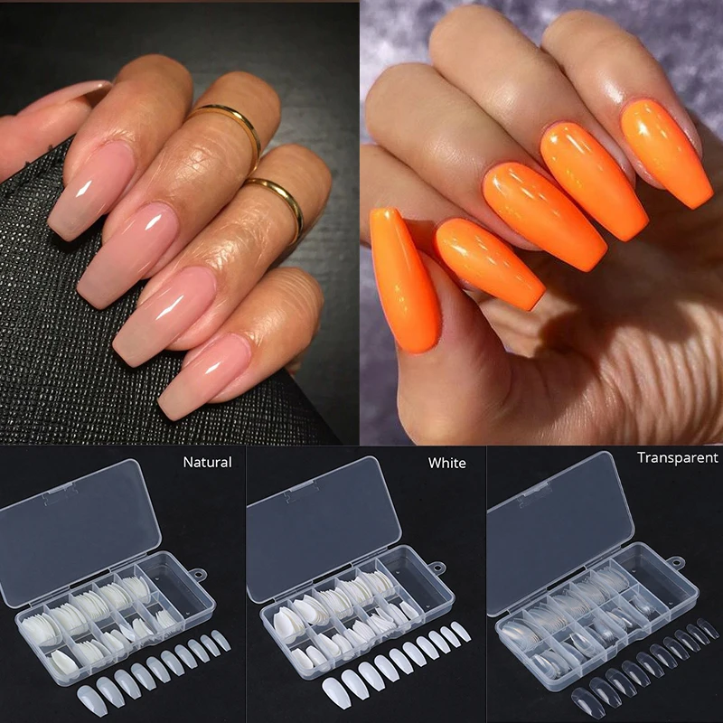 Наполовину накладные ногти MSHARE гроб натуральный прозрачный белый 100