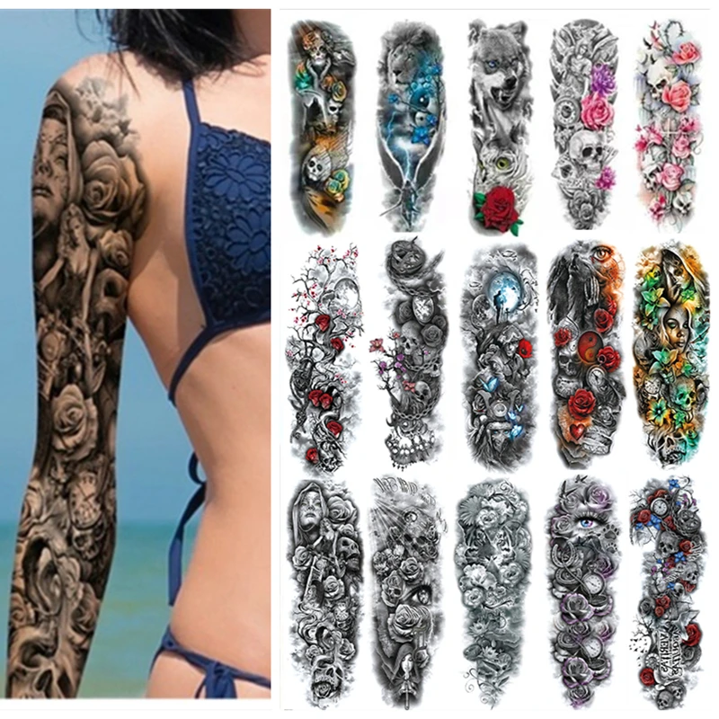 Men And Women Temporary Tattoo Waterproof Stickers, Large Full Arm Tattoos, Skeletons, Moonlight, Roses, False Tattoos.