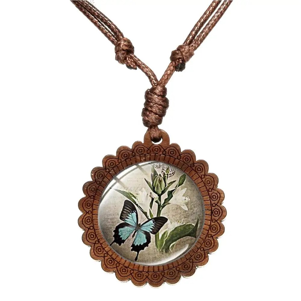SIAN Vintage Blue Butterfly Wooden Necklace and Flower Pictures Charm Pendant Glass Dome Female Elegant Sweater Chain | Украшения и