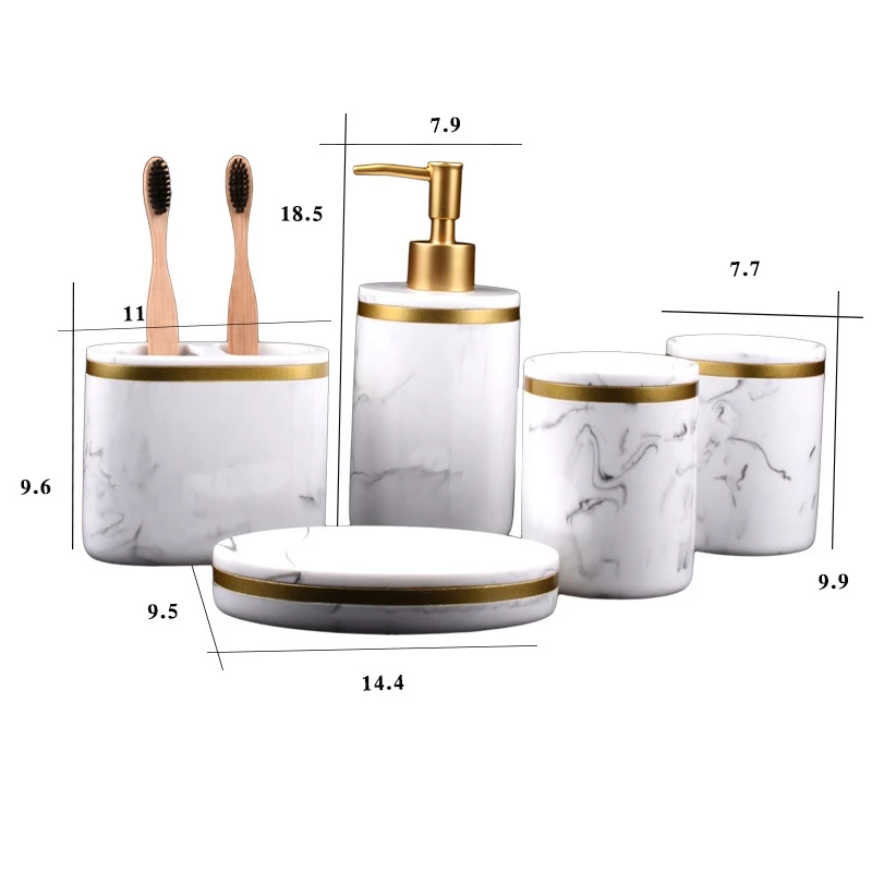 

Nordic Marble Pattern Household Bathroom Products Hotel Toothbrush Holder Lotion Bottle Mouthwash Cup Soap Floor Four-Piece Set
