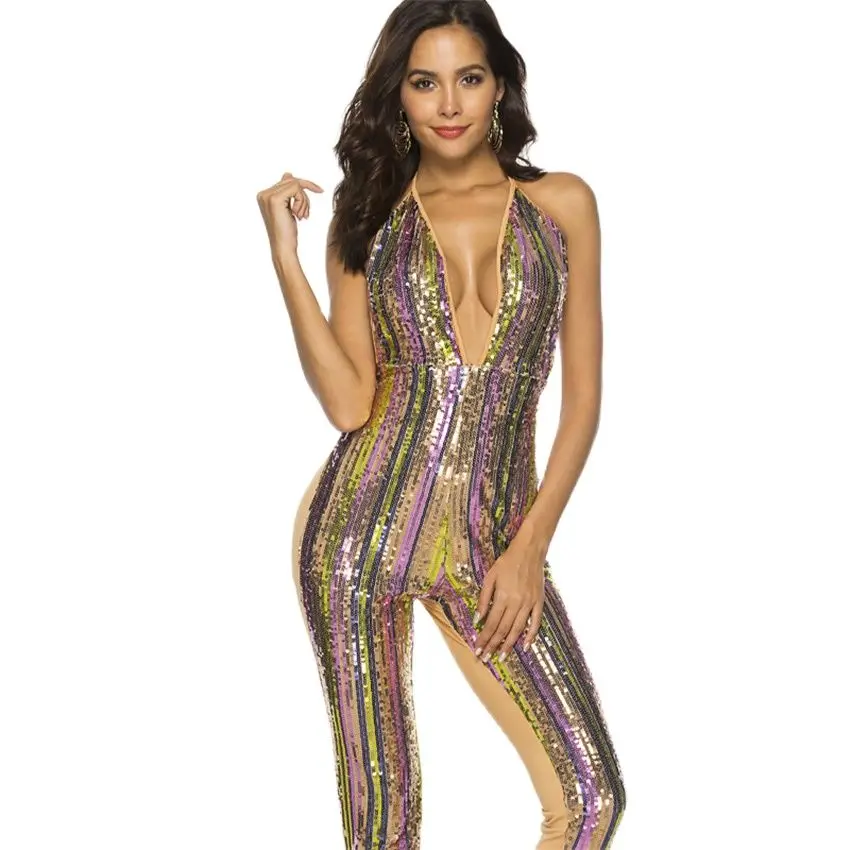 

FANIECES Sexy Nightclub Women multicolor Striped Sequins Rompers Strapless Backless Skinny Jumpsuit combinaison femme mono mujer