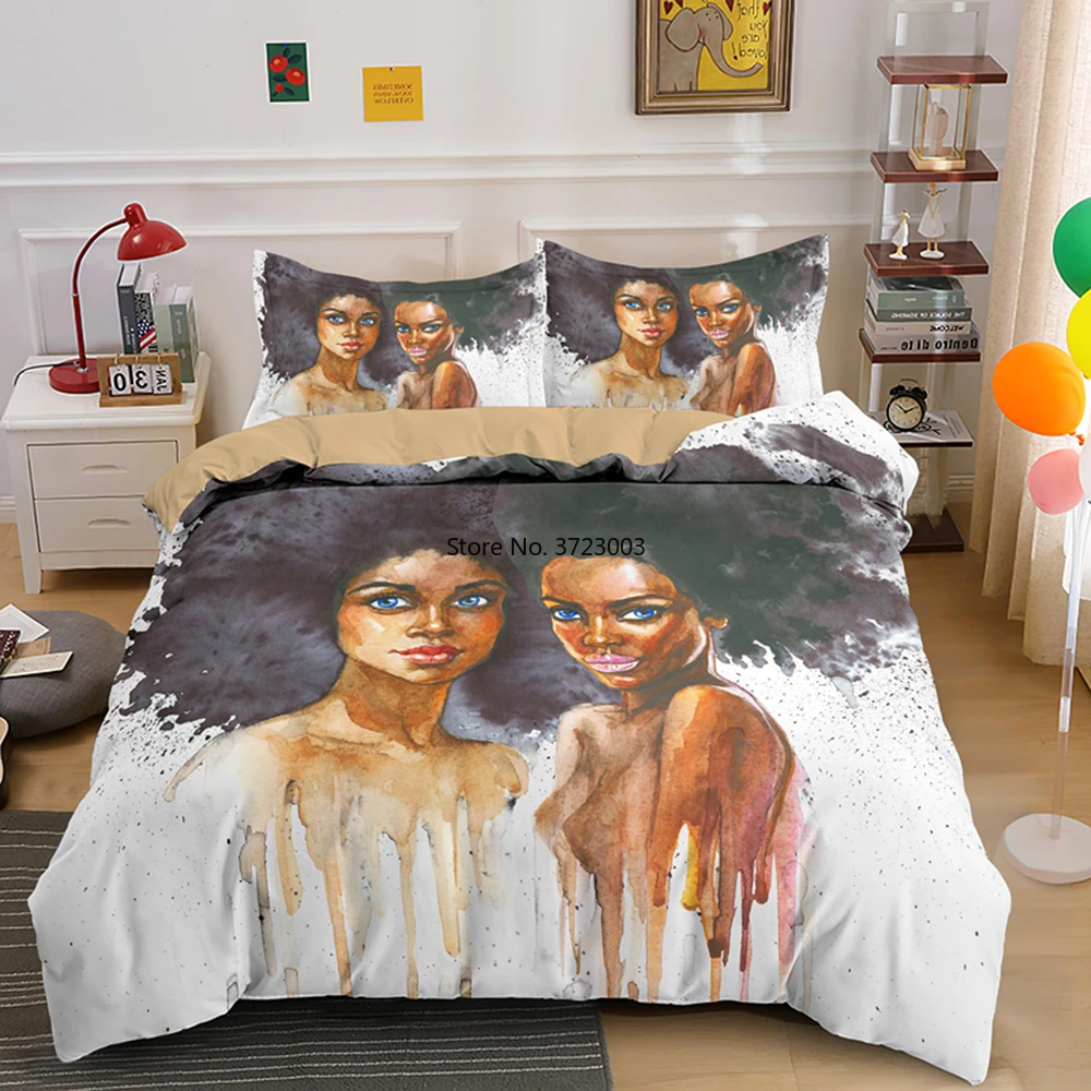

African Women's Patterned Bedding Set 3D Creative Art Single Double King Queen Full Size Down Bed Cover Pillowcase