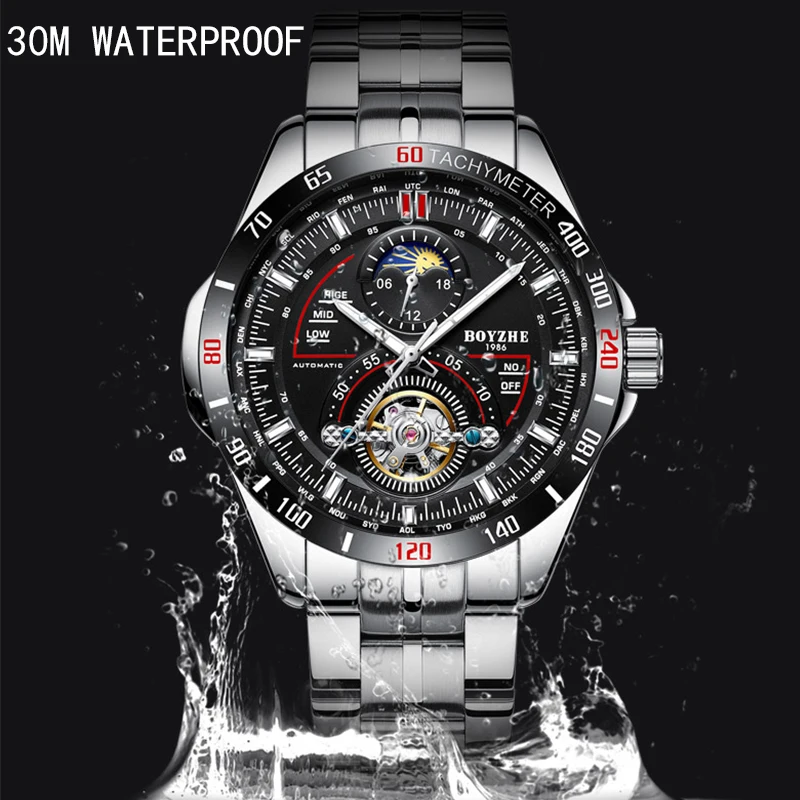 BOYZHE новые мужские автоматические часы из нержавеющей стали с турбийоном и