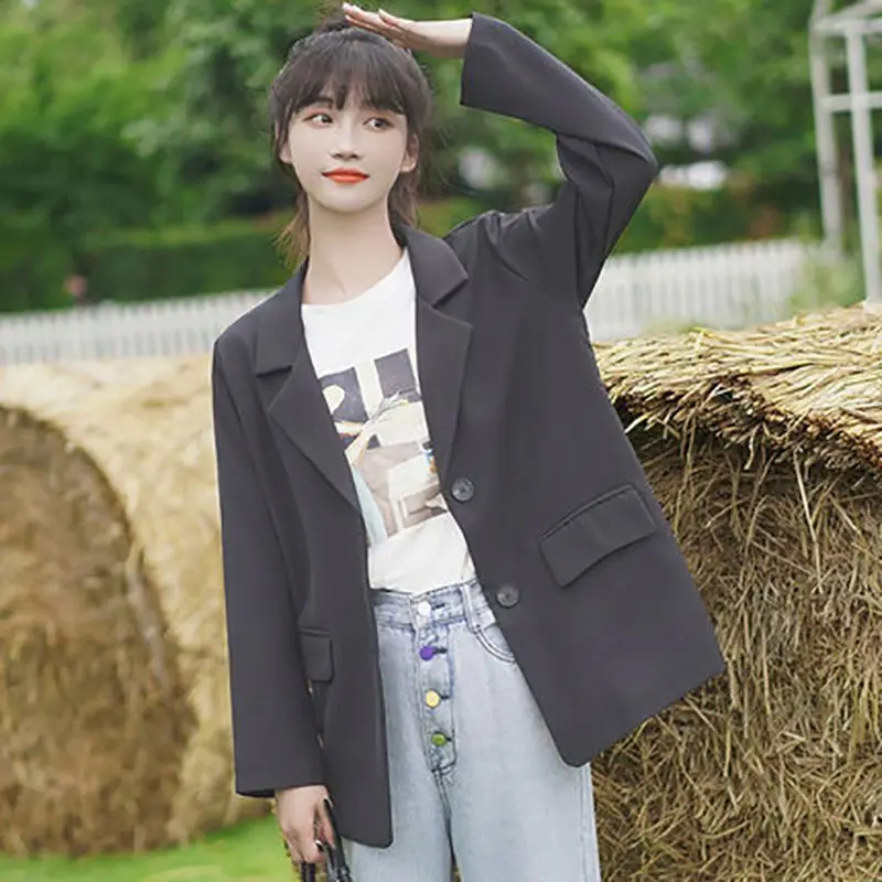 

Autumn Chic Solid Color Elegant Apricot Blazer Women Jacket Ladies Single Button Loose Long Sleeve Cardigan Fall 2021 Women Full