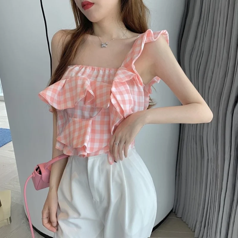 

Women's Single-shoulder Sleeveless Casual Plaid Off-shoulder Ruffled Ladies Vest Irregular Tube Off-shoulder Ruffled Crop Top