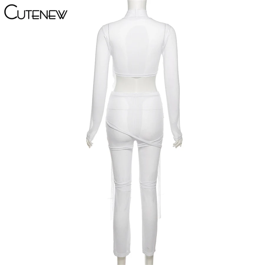 

Cutenew Sexy Mesh See Through Bandage Solid Long Sleeve Top And Trousers Two Piece Set Women 2021 Summer New Fashion Streetwear