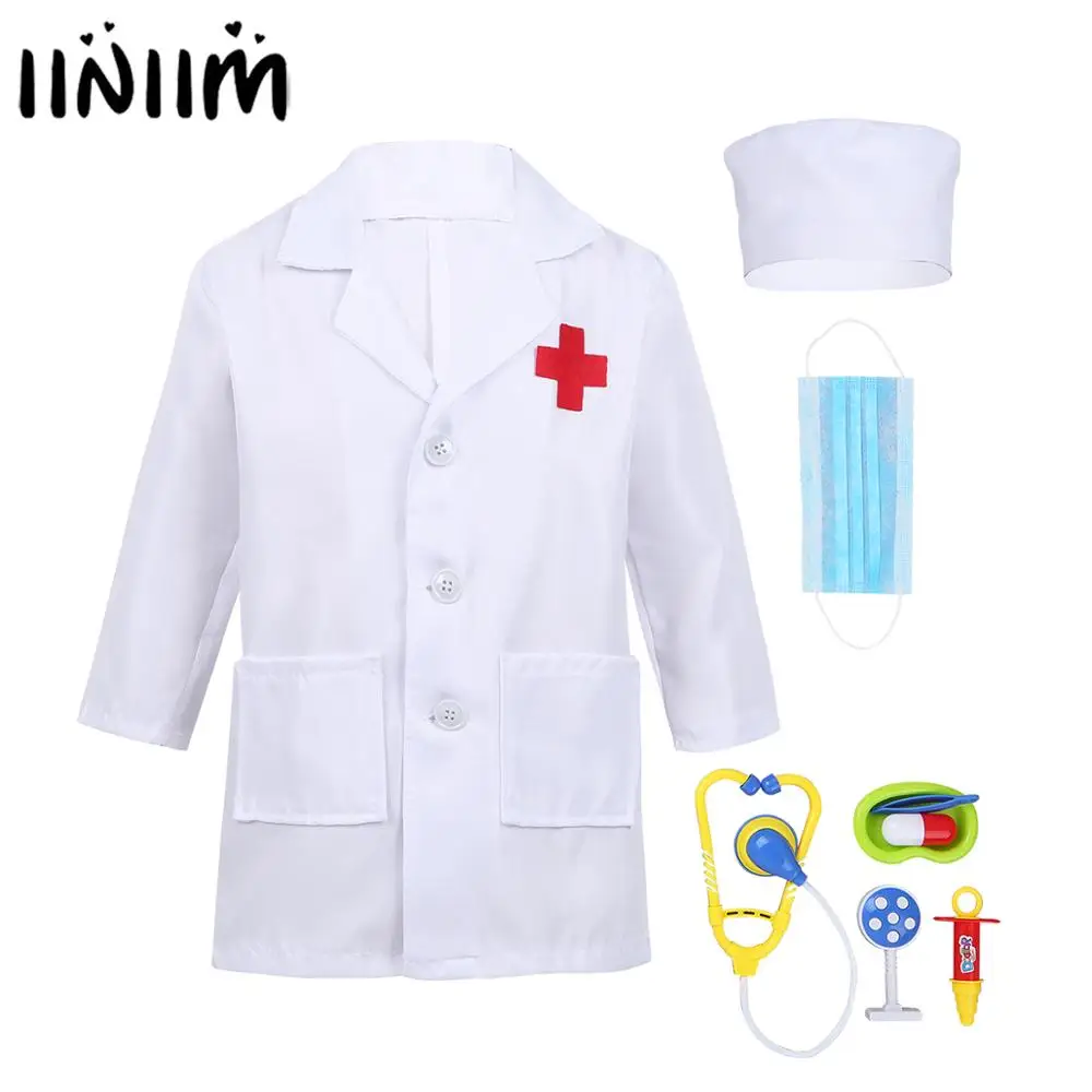 

iiniim Unisex Kids Boys Girls Doctor Costumes Coat with Cap Mask Doctor Play Tools for Halloween Cosplay Party Costume Dress Up