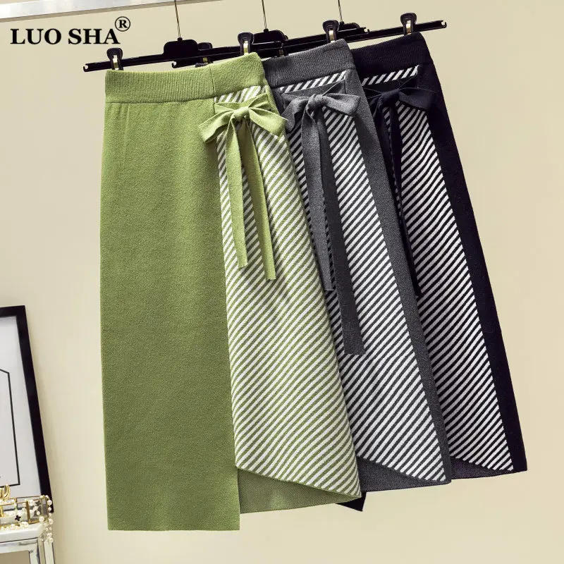 LUOSHA Женская осенне зимняя полосатая трикотажная трапециевидная юбка с бантом 2019