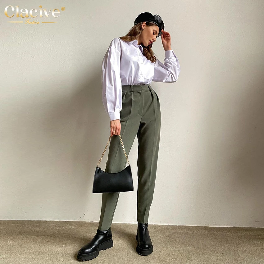 

Clacive Fashion Green Office Women'S Pants 2022 Winter Elegant Slim High Waist Pencil Trousers Lady Casual Pleated Female Pants