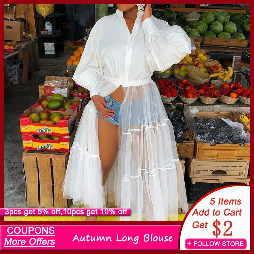 Женская Длинная блузка белая рубашка с длинным рукавом в стиле пэчворк отложным