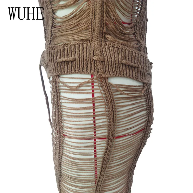 

WUHE Women See Through Crochet Knitted Beach Jumpsuit Sexy Hollow Out Swimwear Cover Up Solid Color Summer Club Party Outfits