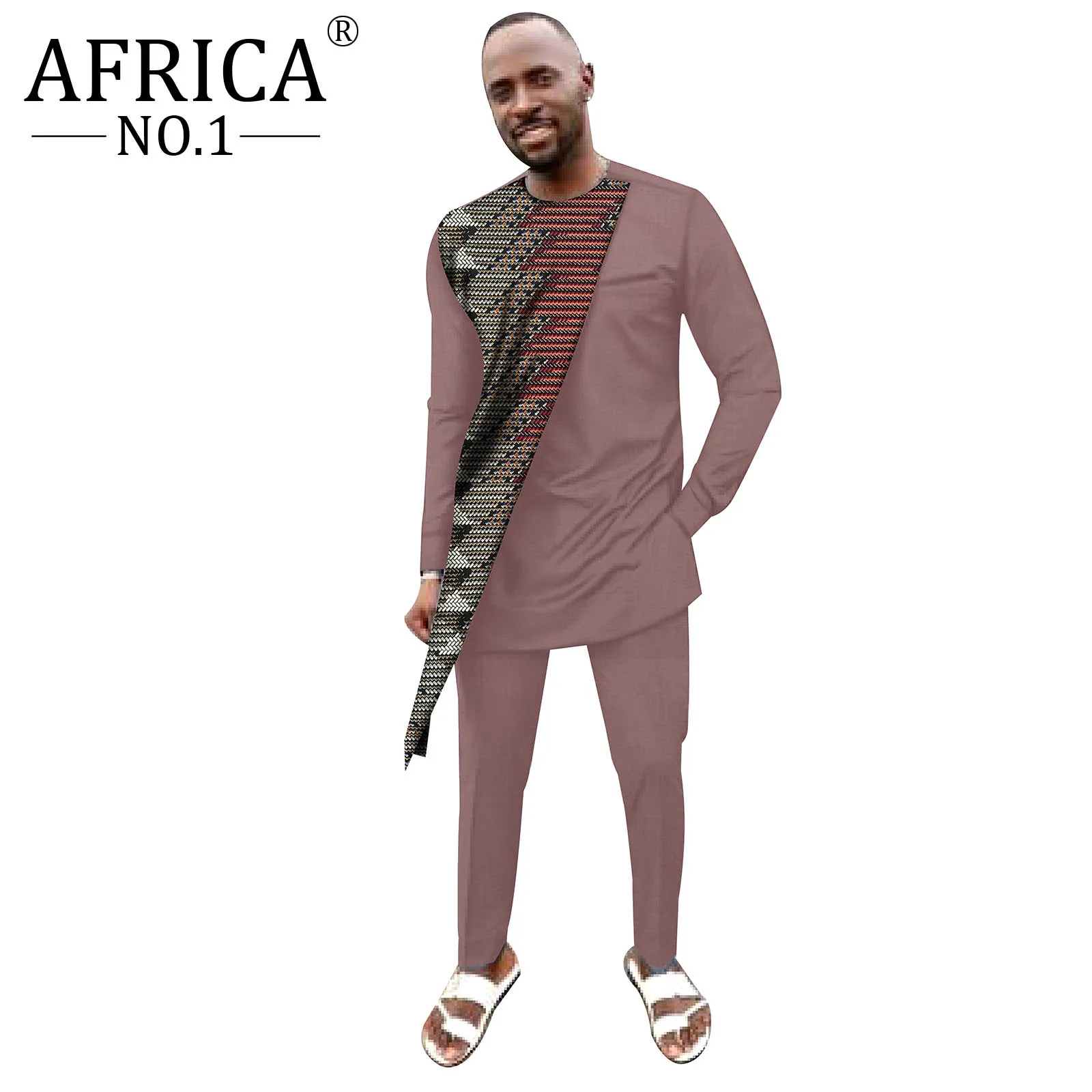 African Clothes For Men Rich Bazin Design Colorful Neck Long Sleeve Casual Solid Color Shirts Pants Sets AFRICAN NO.1 v2016018