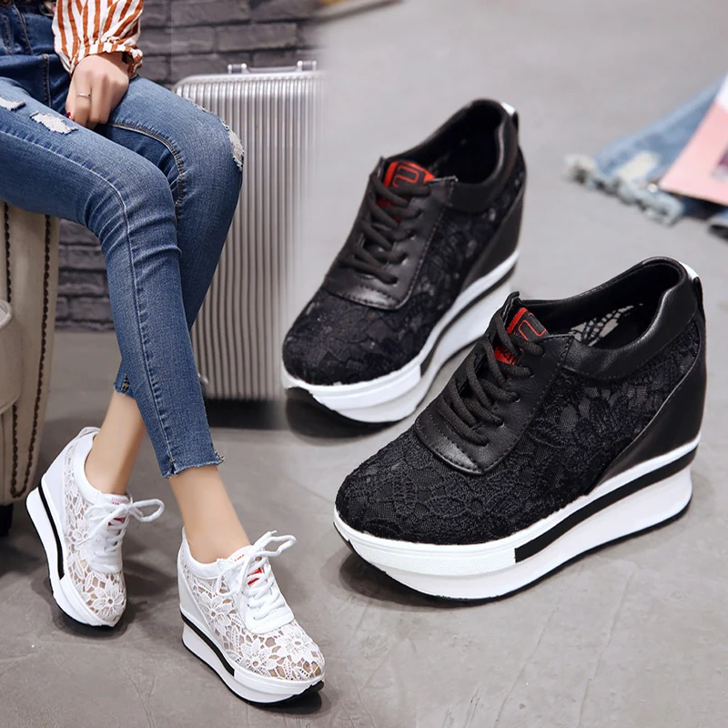 Женские туфли на танкетке 10 см повседневные сетчатые кроссовки плоской подошве