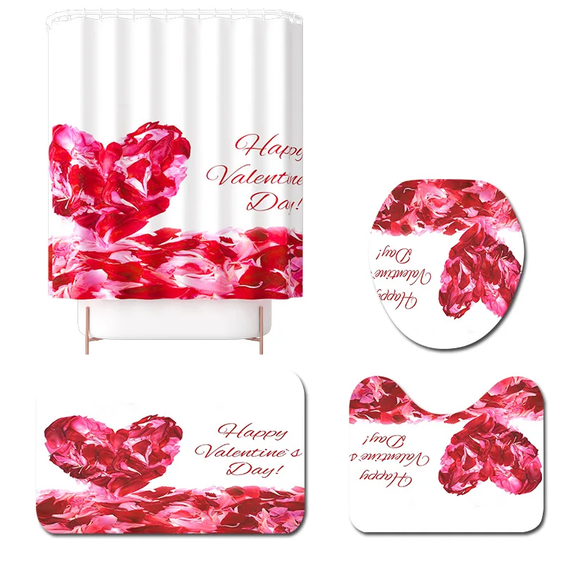 

4pcs/set Red Love Tree Shower Curtains Romantic Bathroom Non-slip Mat Rugstoilet Lid Cover Mat Carpet For Valentine's Day Decor