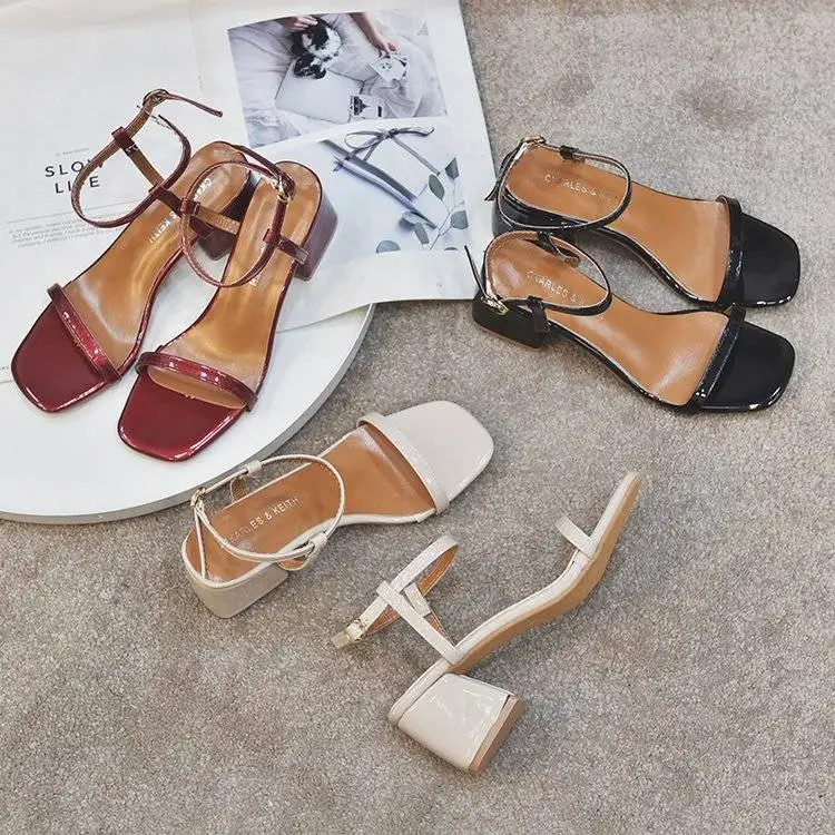 Женские босоножки на толстом каблуке летние туфли высоком с пряжкой Модель 2020