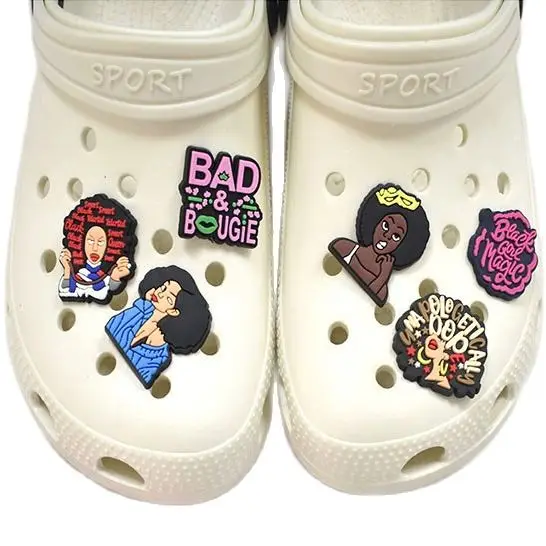 

Hot 1pcs Black Girl Magic Queen Shoe Charms Shoes Accessories Decoration For Clogs Sandals Garden Shoes Croc Jibz Kids Gifts