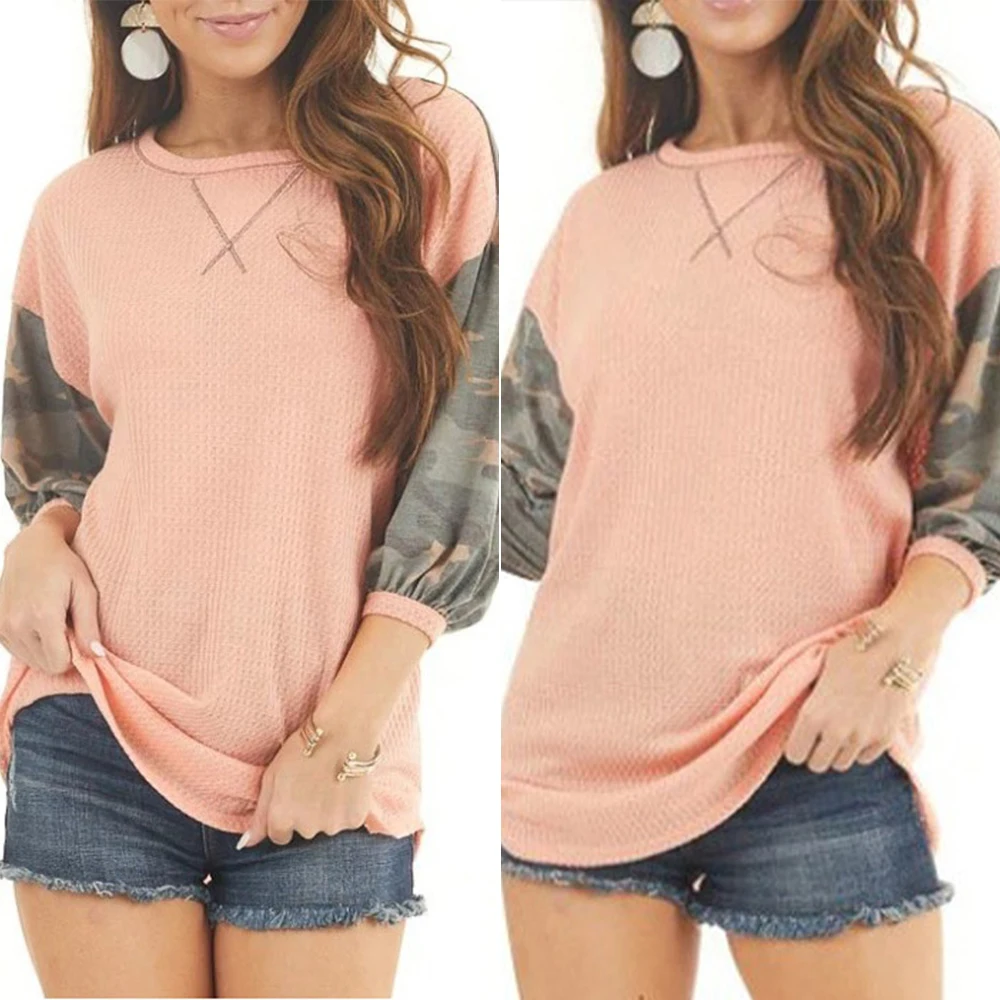 

Camouflage Sweatshirts Woman Three Quarter Sleeves Pink Top Patchwork Long Sleeve Top Women Clothing O Neck Women Sweatshirts