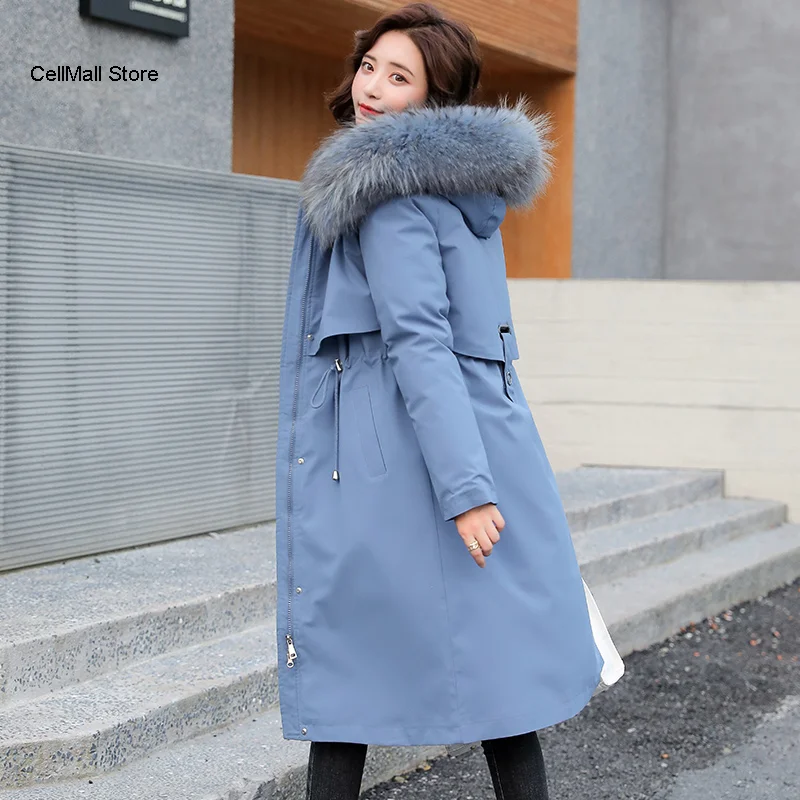 

Стильная Корейская женская зимняя куртка, однотонная Толстая длинная парка с шерстяной подкладкой, Женская облегающая верхняя одежда боль...